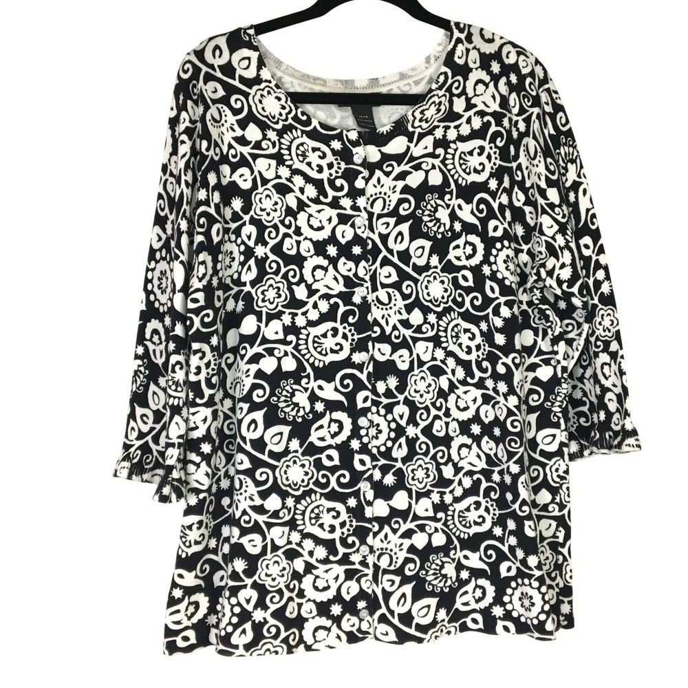 Lane Bryant Black White Floral Print Knit Button Front Cardigan Sweater 14‎ 16